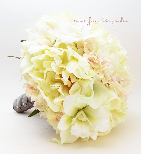 Свадьба - Bridal Bouquet Real Touch Peonies Calla Lilies Orchids Hydrangea Ivory Blush Pink with Grey Ribbon - Customize For Your Wedding Colors