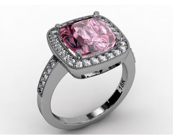 Свадьба - Morganite Diamond Engagement Ring 18k White Gold Genuine Diamonds 9mm Cushion Cut Peach Pink Morganite Engagement  Wedding Ring