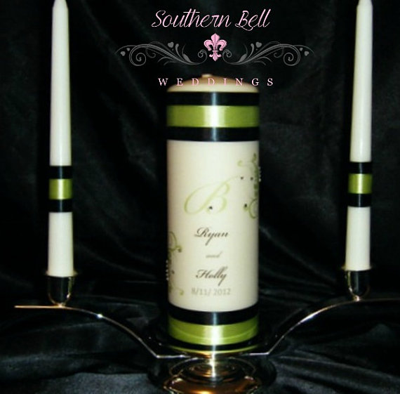 Wedding - Unity Candle Set with Monogram and Flourish with Crystals
