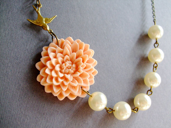 Wedding - Bridesmaid Jewelry Set,Peach Flower Necklace,For Her,Gift,Ivory Pearl Jewelry,Beadwork,Wedding Party Jewelry Gift (Free matching earrings)