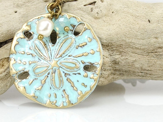 Wedding - Sand Dollar Necklace Beach Jewelry Turquoise Blue Light Blue Sea Jewelry Ocean Beach Wedding Unique Gift for Women - Antique Brass Necklace