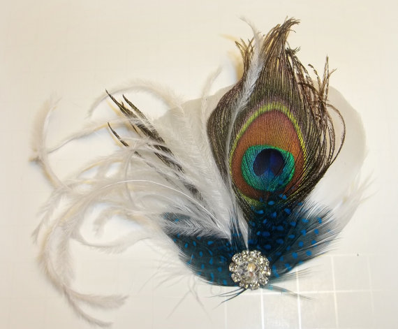 Hochzeit - Wedding Peacock Bridal Fascinator Hair Accessory, Wedding Feather Hair Clip, Jewel Choice, blue, ostrich wisps, rhinestones COLOR CHOICE