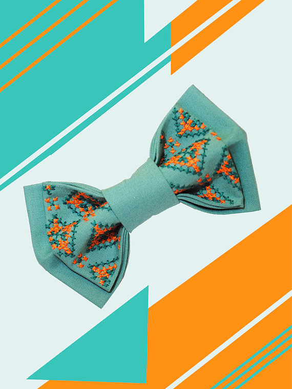 Mariage - EMBROIDERED man bowtie Mint orange pre tied bow tie Todler men's women's bow ties Gift idea him Birthday gift him Hairbow Hair bow Hairclip