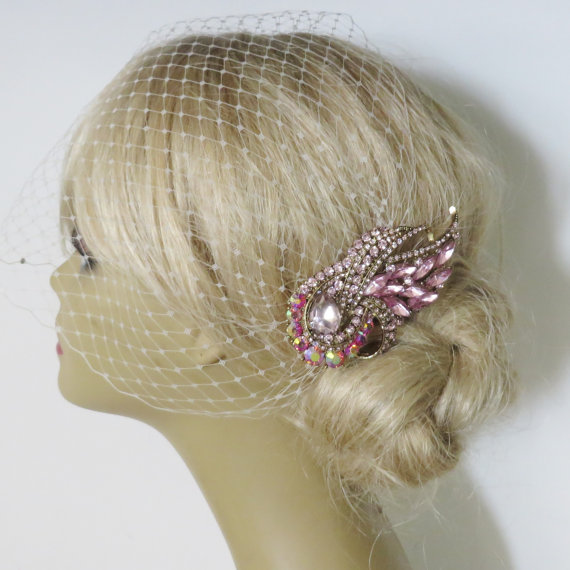 زفاف - Birdcage Veil  and a Pink Bridal Hair Comb (2 Items),Headpieces,Bridal Comb ,Wedding comb,bridal headpieces,hair accessories