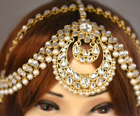 Hochzeit - Gold Crystal Two Row Pearl Indian Matha Patti Tikka Head Chain Jewellery Wedding Bridal Prom