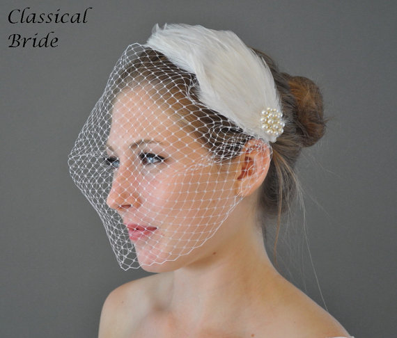 Wedding - Bandeau 802 -- VEIL SET w/ RHINESTONE Pearl Feather Fascinator Pad Hair Clip & Ivory or White 9" Birdcage Blusher Veil for bridal wedding