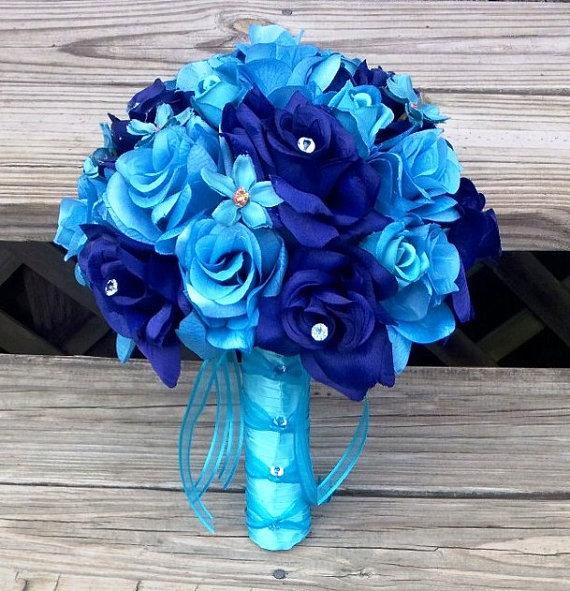 Wedding - Malibu Blue Bouquet, Bridal Bouquet, Royal Blue Bouquet, Turquoise Bouquet, Malibu Blue Royal Blue Rose Bouquet, Malibu Blue Wedding Bride