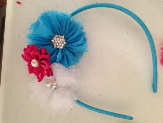 Wedding - Frozen princess headband - Turquiose Chiffon Flower, hot pink Satin Flower, white Tulle Flower blue Hard Headband girl women teen wedding 
