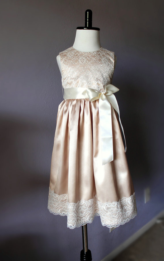 زفاف - Champagne Satin and Lace Flower Girl Dress, Sizes 2T-18, Ivory Lace, Wedding, Easter, Birthday, Princess