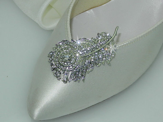 Hochzeit - Silver Rhinestone Peacock Feather Shoe Clip Pair