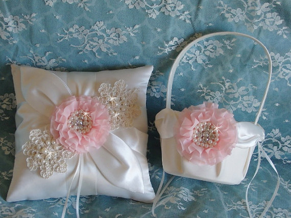 Hochzeit - Ring Pillow Wedding, Ring Pillow and Flower Basket Set, Pink Wedding Accessories