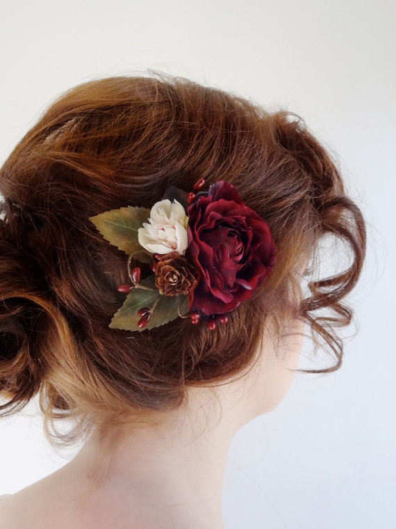 Свадьба - burgundy hair accessory, bridal hair clip, burgundy flower hair clip, dark red hairpiece, wine flower, rustic wedding hair comb, floral