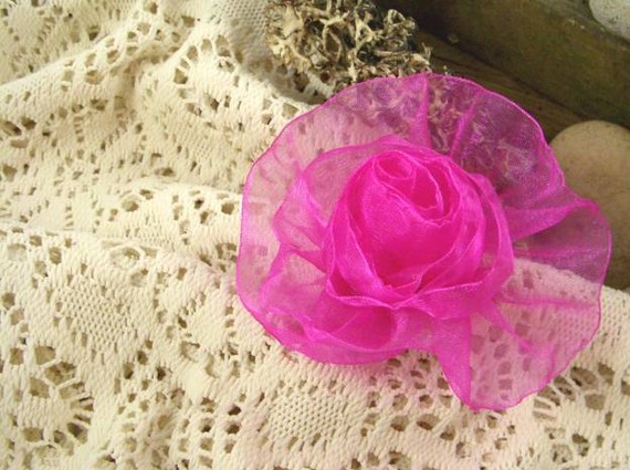 زفاف - Organza Rose in Fuchsia - Handmade Ribbon Flower - Brooch, Pin, Hair Clip, Shoe Clips - Pick Your Color