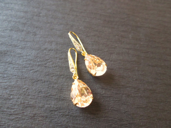 Hochzeit - Silk Swarovski Crystal Earrings/Swarovski Earrings/Bridesmaid Jewelry/Wedding Jewelry/ Gold Crystal Drop Earrings/ Bridal Earrings