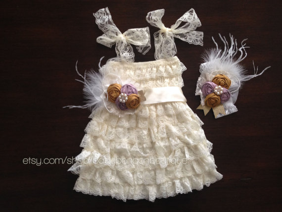 Wedding - country flower girl dress, baptism dress, headband and sash set, lace ivory lace dress, christening gown