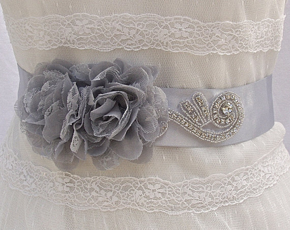 Hochzeit - SALE-25% OFF, Lace Flower Bridal Sash, Wedding Sash In Platinum Grey With Crystals,  Wedding Dress Sash, Flower Sash,Vintage Inspired