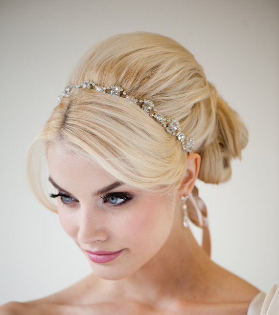 Hochzeit - Wedding Headband, Bridal Rhinestone Headband, Ribbon Headband - MELINDA