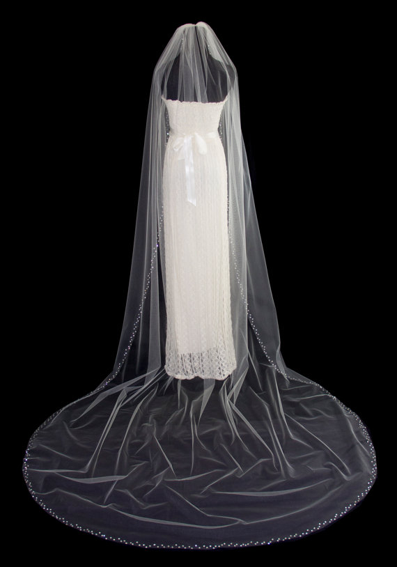 زفاف - Wedding Veil with Crystal Edge, Cathedral Length Crystal Bridal Veil, 110 inch, White or Ivory Veil, Style 1027 'Felicia', Made to Order
