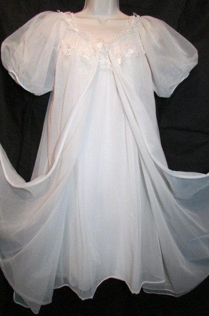 زفاف - vintage MOLLA KAYE Nightgown Robe Set Peignoir lingerie White nylon appliqued Daisies Size SMALL