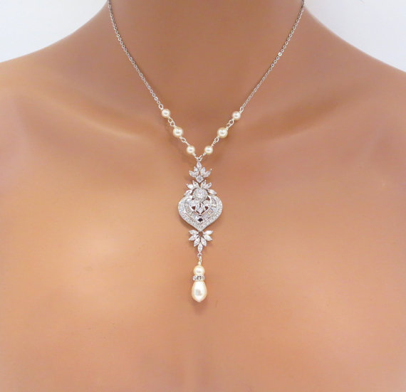 Hochzeit - Bridal necklace, Wedding necklace, Wedding jewelry, Art Deco necklace, Vintage inspired bridal jewelry, Pearl drop necklace, EMMA