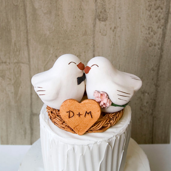 Wedding - White Bird Wedding Cake Topper with Bow Tie and Bouquet
