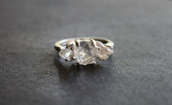 زفاف - Raw 3 Diamond Trillion Engagement Ring, Rough Diamond Ring, Natural Uncut Diamond Wedding Band, Sterling Silver Engagement Ring, Size 5