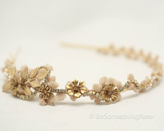 Hochzeit - Vintage Lace and Gold Rhinestone Headband Tiara with Gold Leaves and Vintage Metal Flowers, Wedding Hair, Headpiece, Wedding Hair Accessory