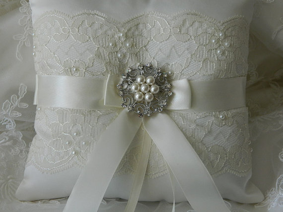 Hochzeit - Wedding Ring Bearer Pillow Ivory Chantilly Lace And Ivory Satin With Bridal Brooch Ringbearer Pillow