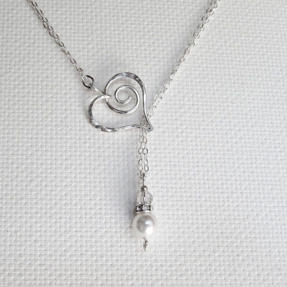 زفاف - Pearl and Crystal Necklace, Lariat Necklace, Mothers Day Gift, Heart Pearl Necklace, Sterling Silver Heart Necklace, Wedding Jewelry