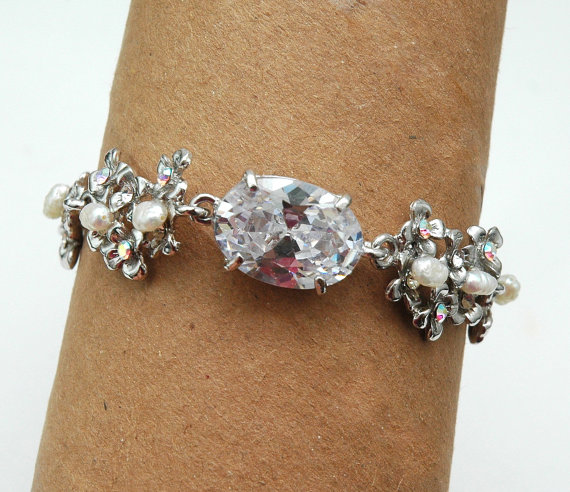 Mariage - SALE Bridal Bracelet, Rhinestone Pearl Wedding Bracelet, CZ Bracelet, Wedding Jewelry