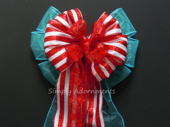 Wedding - Dr Seuss Birthday Decoration Turquoise Red Bow Wedding Pew Bow Wreath Bow Gift wrap Bow