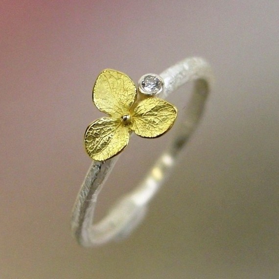 Wedding - Hydrangea Blossom Diamond Engagement Ring, Stacking Ring, Sterling Silver, Hydrangea Ring, 18k Gold Flower, Made to order