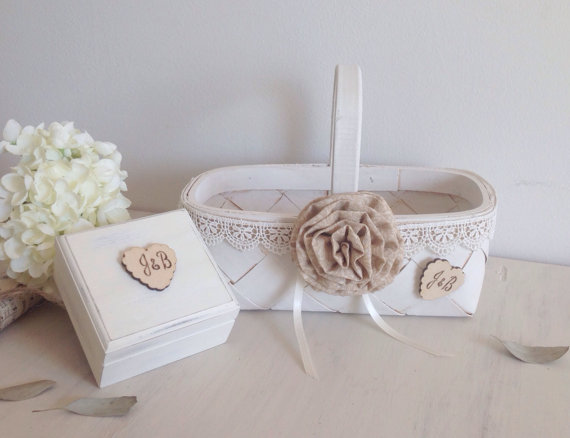 Wedding - Flower girl basket ring bearer box set with wedding ring pillow, ivory basket, beige tan flower