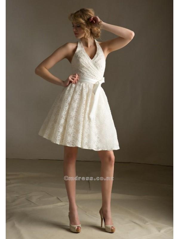 زفاف - Elegant V Neck Mini Length Lace Bridesmaid DressesSKU: MLB31018