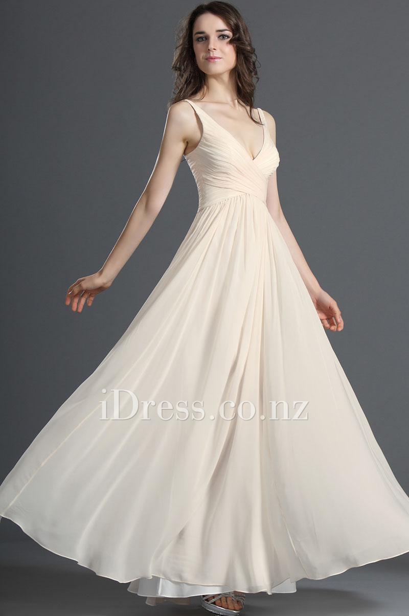 زفاف - Cream Shoulder Straps Plunging V Neck A-line Chiffon Bridesmaid Dress