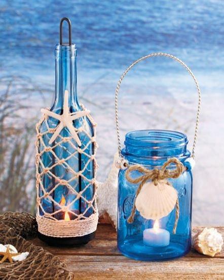Свадьба - Seaside Blue Green Glass Mason Jar Bottle LED Tea Light Holder Nautical Decor