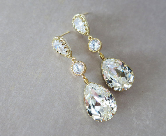 Hochzeit - Paulette - Champagne Gold Teardrop Crystal Earrings, Bridesmaid Earrings, Bridal Jewelry, Wedding Jewelry, Swarovski Crystal Drops