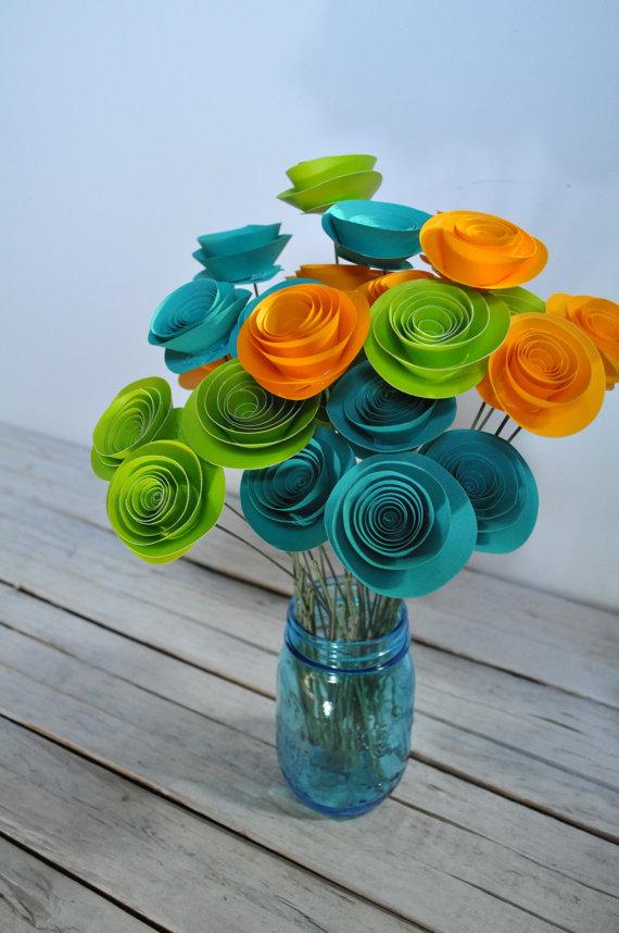 زفاف - 24 Bright Paper Flowers on Stems- Bouquet of Paper Flowers-  Home Decor