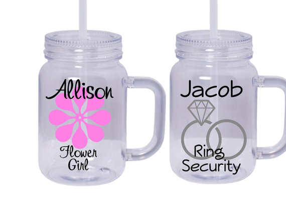 Mariage - Flower Girl OR  Ring Bearer , Personalized Acrylic Mason Jar Tumbler, Your choice of colors