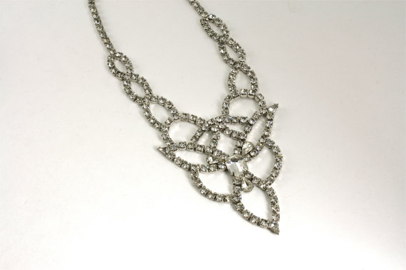 Hochzeit - 50's/60's Vintage Rhinestone Bib Necklace, Vintage Rhinestone Wedding Necklace, Carol Deb Jewelry