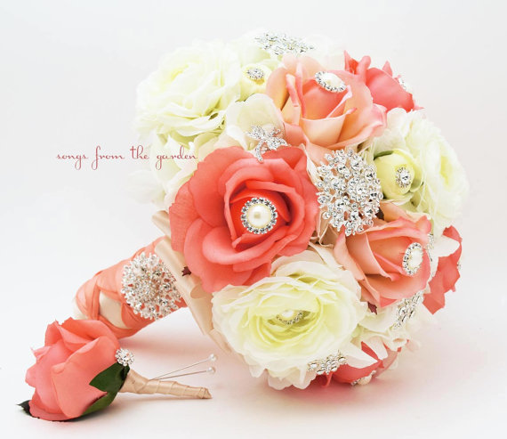 Свадьба - Coral White Brooches & Blooms Bridal Bouquet Silk Flower Wedding Bouquet Groom Boutonniere Brooch Bouquet - Customize For Your Colors
