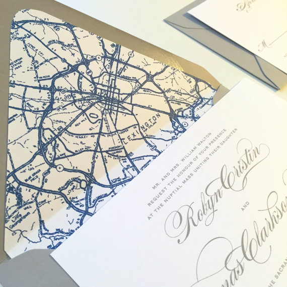 Classic Wedding Invitation - Map Wedding Invitation, Envelope Liner 