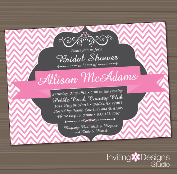 Mariage - Printable Bridal Shower Invitation, Wedding Shower Invitation, Pink, Gray, Chevron, Vintage, PRINTABLE FILE
