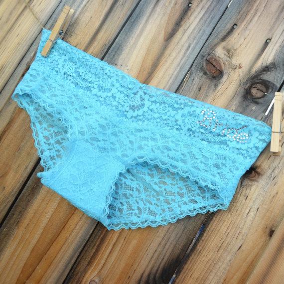 Hochzeit - BRIDAL aqua blue sweet lace panty with MRS, Bride or I do in rhinestones ready for a perfect wedding day size XLarge- Ships in 24hrs