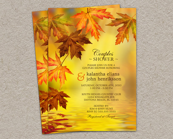 Hochzeit - DIY Fall Couples Shower Invitation With Falling Leaves, Printable Wedding Shower Invitations With Red, Brown And Orange Leaves