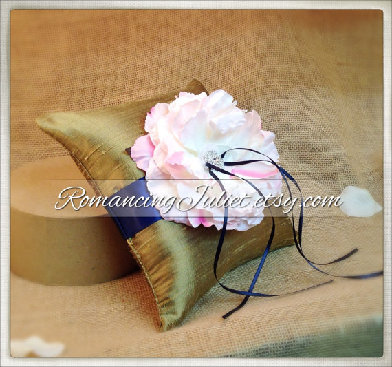 Mariage - Dupioni Silk Peony Bloom Ring Bearer Pillow with Vibrant Rhinestone Accents..shown in siberian gold/blush peony/navy blue