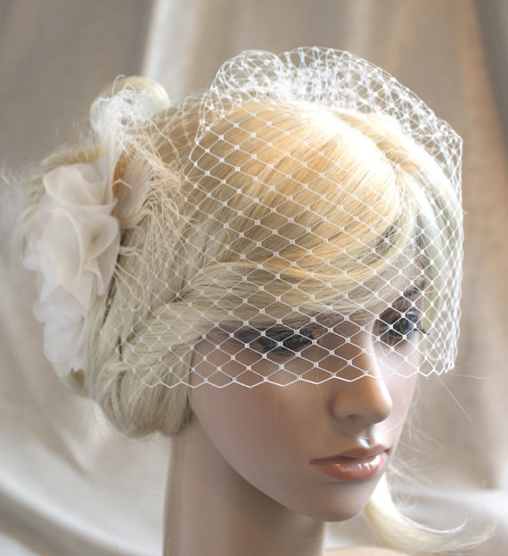 Mariage - Ivory Silk organza flowers hair clip and birdcage veil ( 2 items) wedding reception bridal party