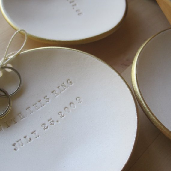 Wedding - personalized gold rim Ring Bearer Bowl, custom wedding ring bowl with words, names, by Paloma's Nest