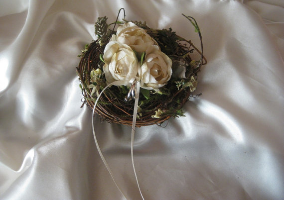 Hochzeit - Ring Bearer Pillow  Birds Nest  with Flower Blooms Wedding Cottage Chic Rustic Barn Wedding