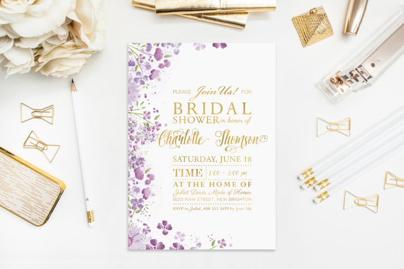 Свадьба - Watercolor Flower Invitation Baby Shower Digital Personalised Bachelorette Party Violet Clover Floral Gold Wedding Birthday Gender 5x7inches